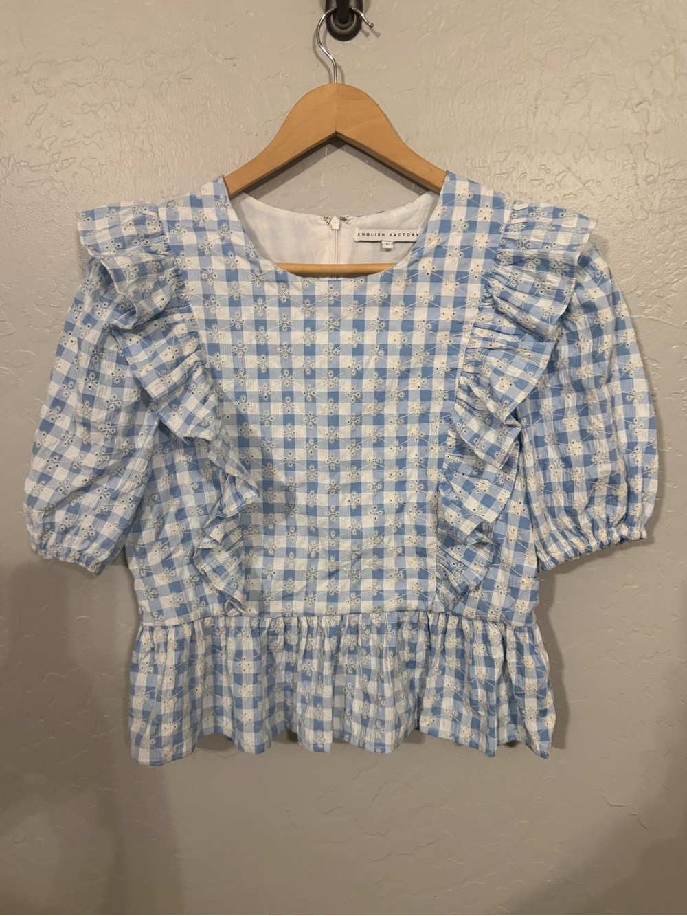 English Factory Light Blue and White Gingham Ruffle Peplum Top